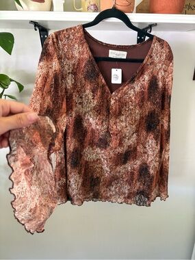Report Collection Rust Brown Floral V-Neck Sheer Blouse